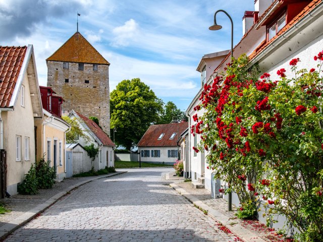 Narrow street in the old town of Visby, Sweden