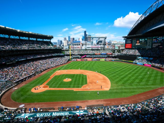 Game at T-Mobile Park with view of Seattle skyline