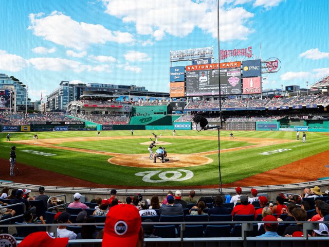 View of the action at field level from behind home plate at Nationals Park in Washington, D.C.