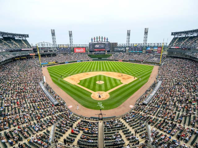 View of Rate Field in Chicago, Illinois, from behind home plate