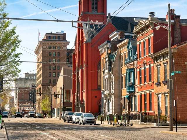 Row houses and church in Cincinnati's Over-the-Rhine neighborhood