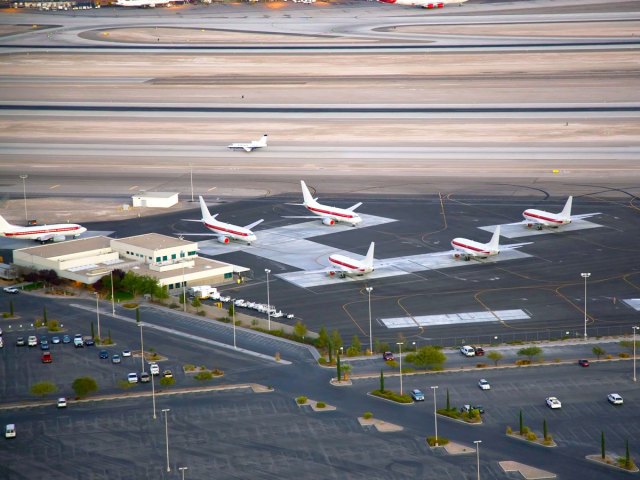 Aerial view of Janet Airlines planes parked on tarmac