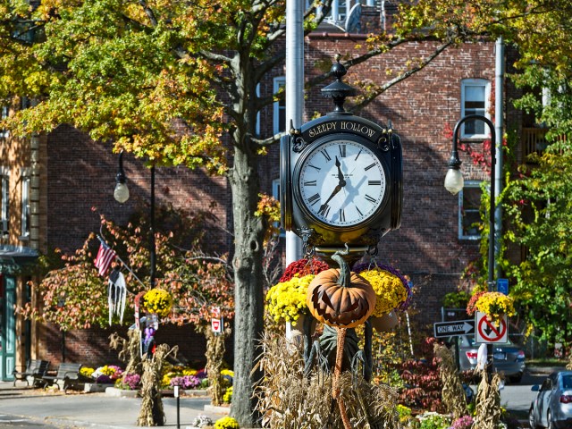 Clock tower in Sleepy Hollow, New York, with Halloween decorations