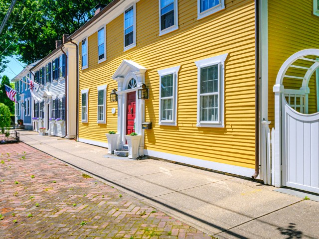 Brightly painted colonial buildings in Wickford, Rhode Island