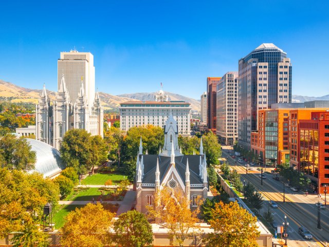 Aerial view of Temple Square and downtown Salt Lake City headquarters