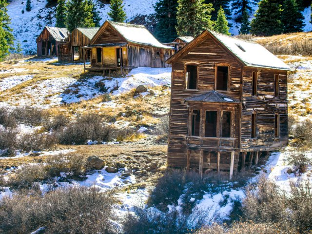 Abandoned wooden buildings in Animas Forks Ghost Town in Colorado