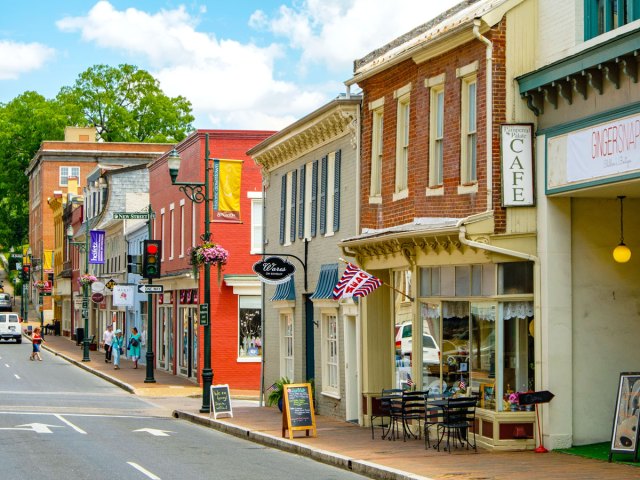 Restaurants and storefronts in downtown Staunton, Virginia