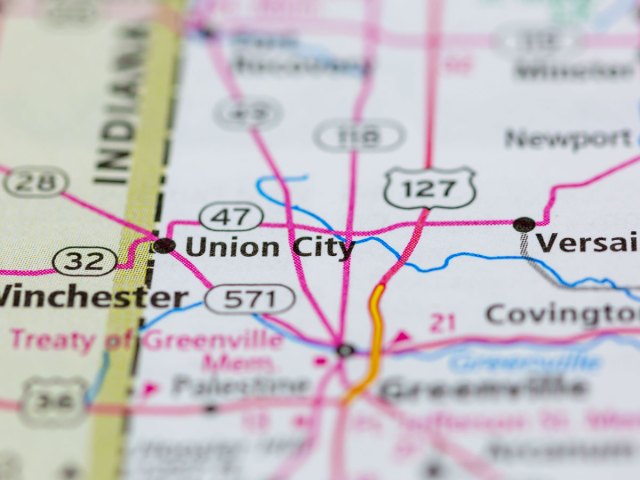 Map showing Union City, Indiana, and Union City, Ohio