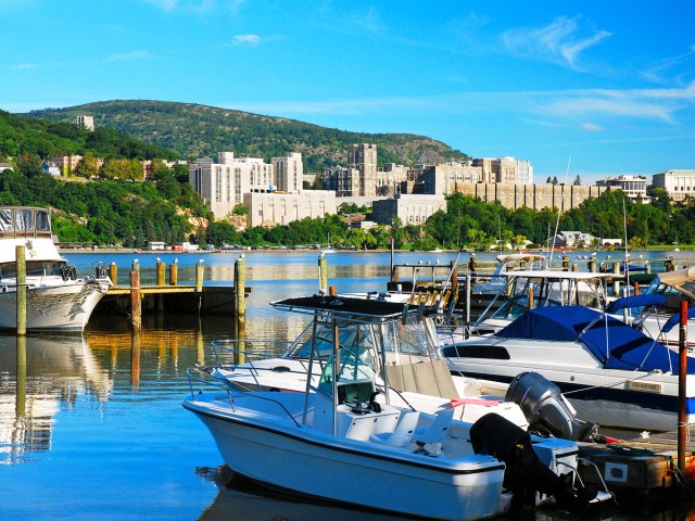Boats in marina on Hudson River in West Point, New York