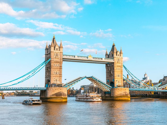 Tower Bridge in London, England, on a sunny day