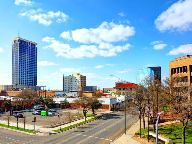 Parking lot and high-rises in downtown Amarillo, Texas