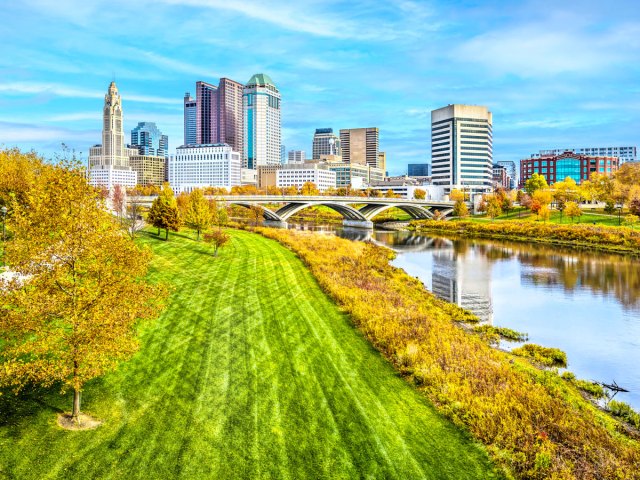 Aerial view of Scioto Mile and Columbus, Ohio, skyline