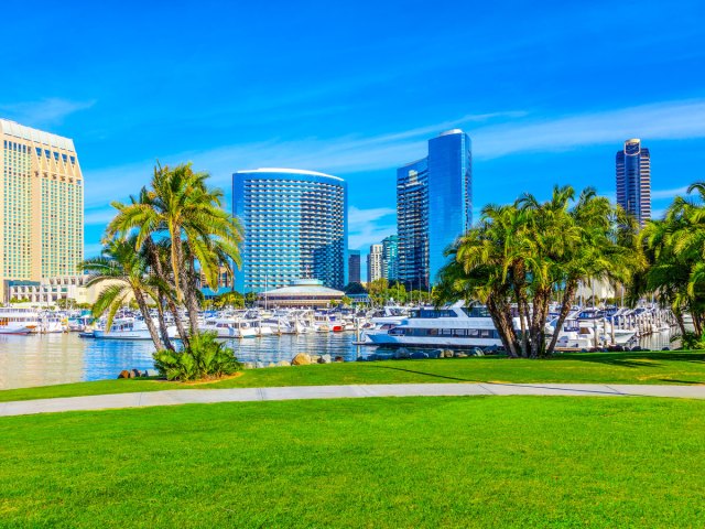 Park, marina, and San Diego skyline