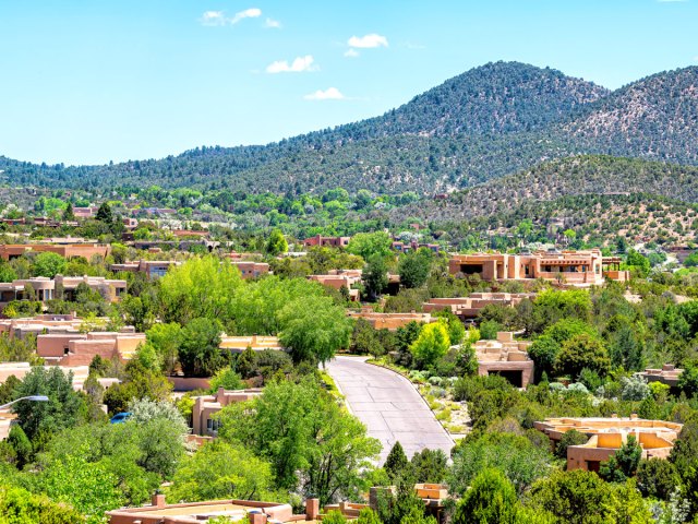 Aerial view of Santa Fe, New Mexico, and surrounding mountains