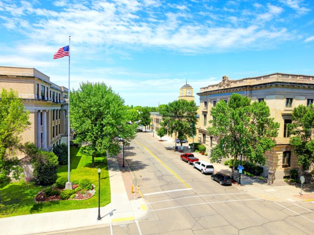 American flag flying over street corner in Grand Forks, North Dakota