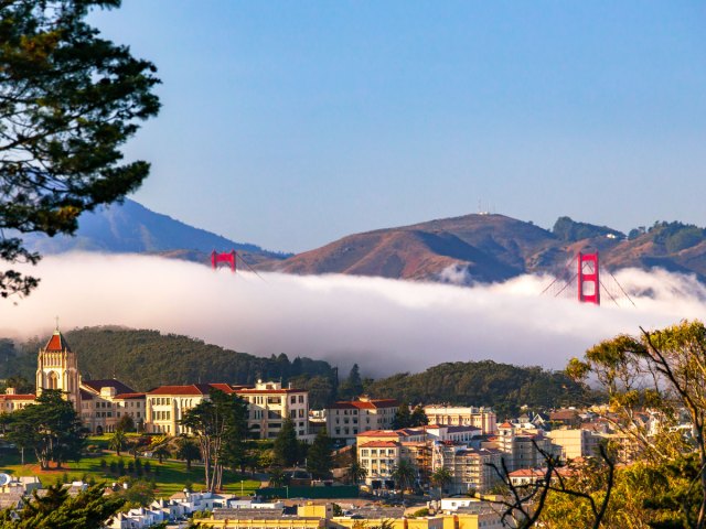 Fog partially obscuring the Golden Gate Bridge in San Francisco, California