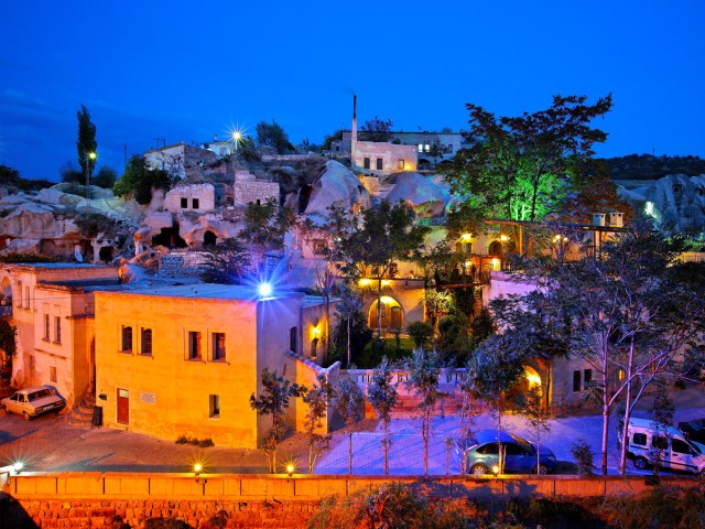 Night view of Gamirasu Cave Hotel in Turkey