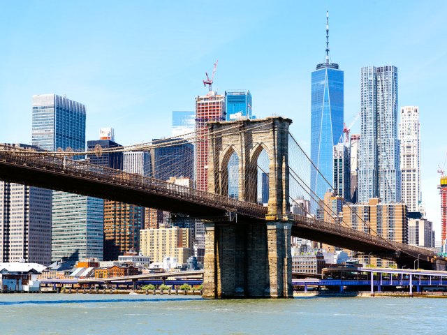 Brooklyn Bridge with Manhattan skyline in background