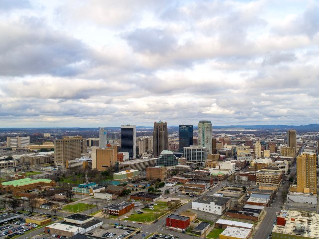 Aerial view of Birmingham skyline on cloudy day
