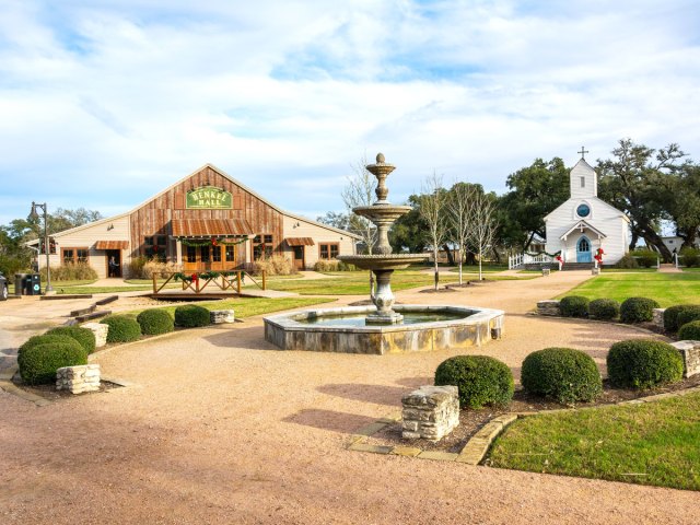 Fountain, park, and church in Round Top, Texas