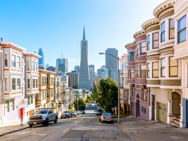 View of Transamerica Building from residential San Francisco street