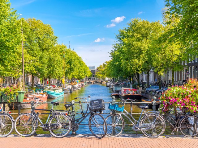 Bicycles on bridge over Amsterdam canal