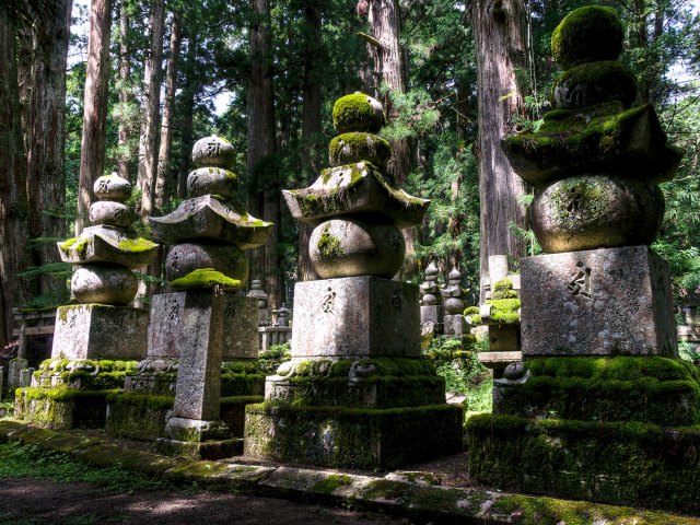 Moss-covered tombs at Okunoin Cemetery in Japan