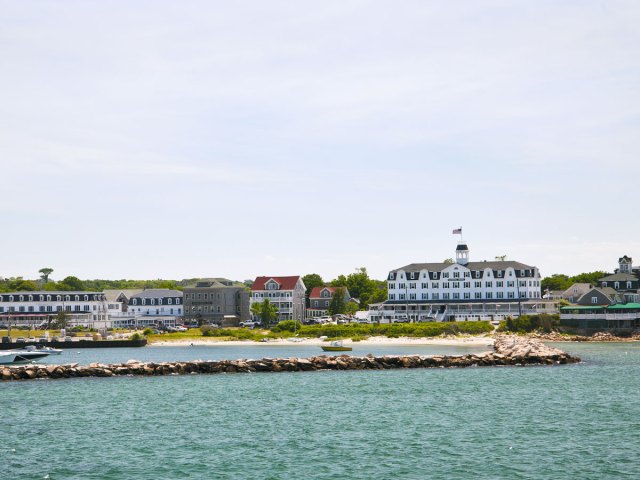 Homes and hotel on Block Island, seen across bay