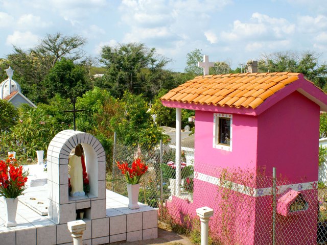 Colorful mausoleums in El Quelite, Mexico