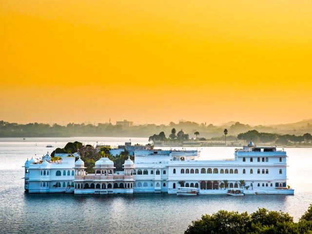 Sunset over Taj Lake Palace in Udaipur, India