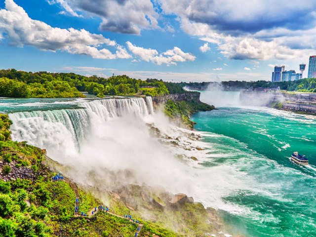 Aerial view of Niagara Falls on the border of Canada and the U.S.