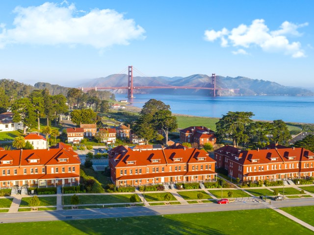 Aerial view of the Presidio with Golden Gate Bridge in background
